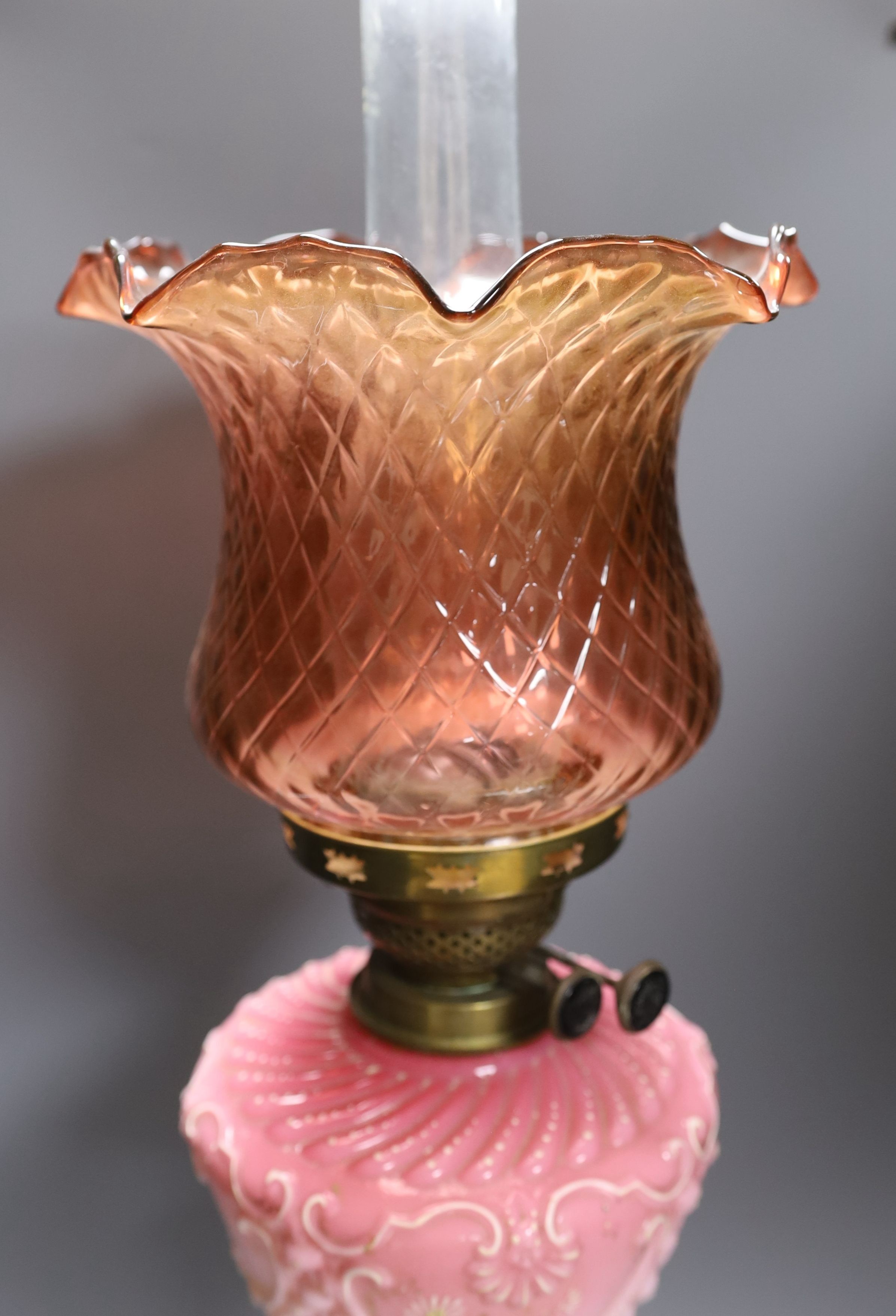 A Victorian brass and coloured glass oil lamp - 70cm high